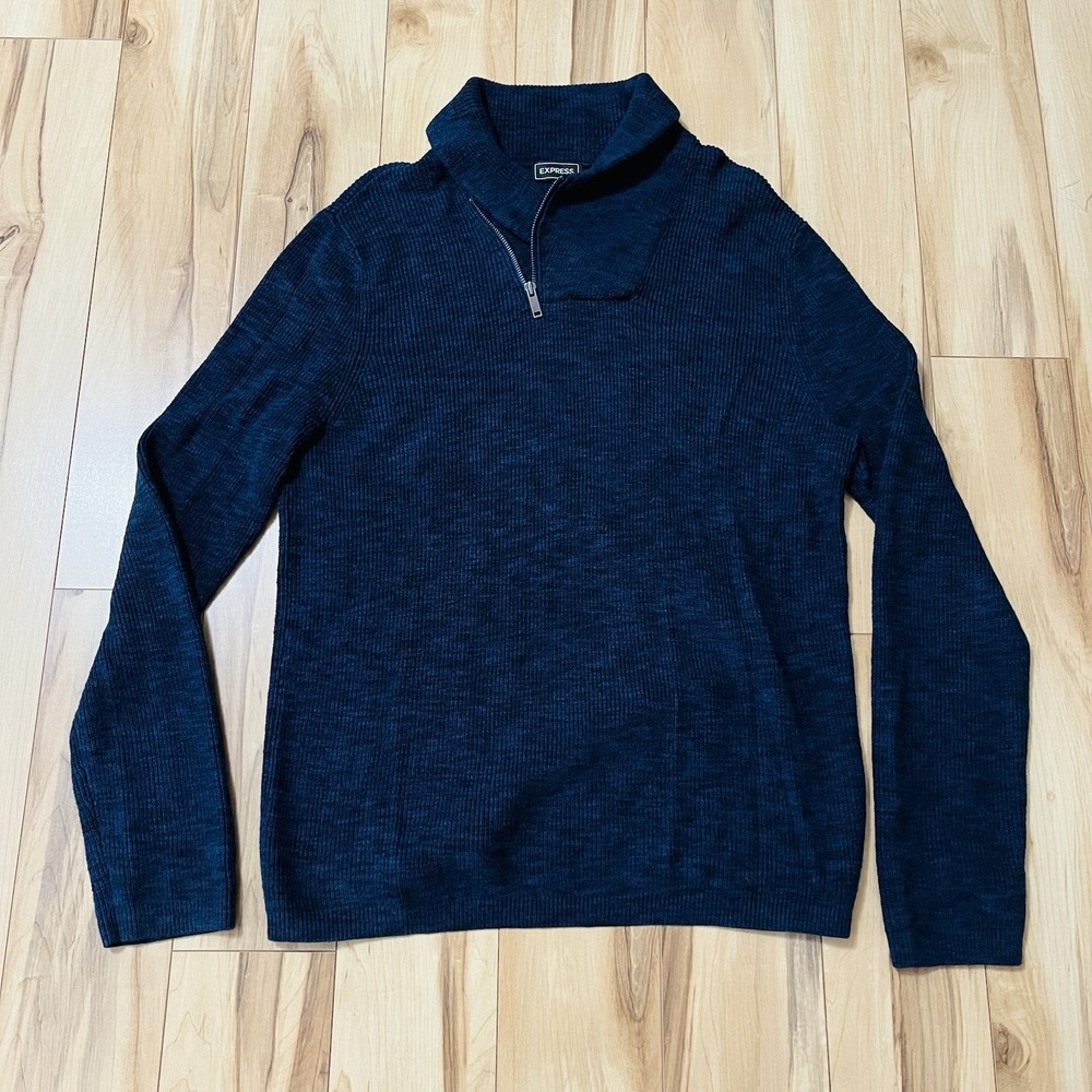 Express Men's XL Shawl Collar Fisherman Sweater Preppy 1/4 Zip Heather Blue